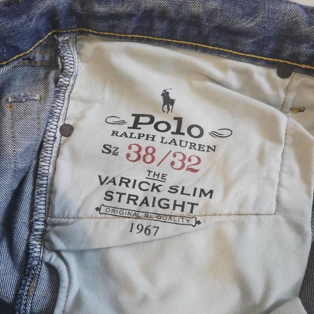 Polo Ralph Lauren Varick Slim Straight Mens Jeans 38x32 Medium Wash Distressed - Picture 10 of 14